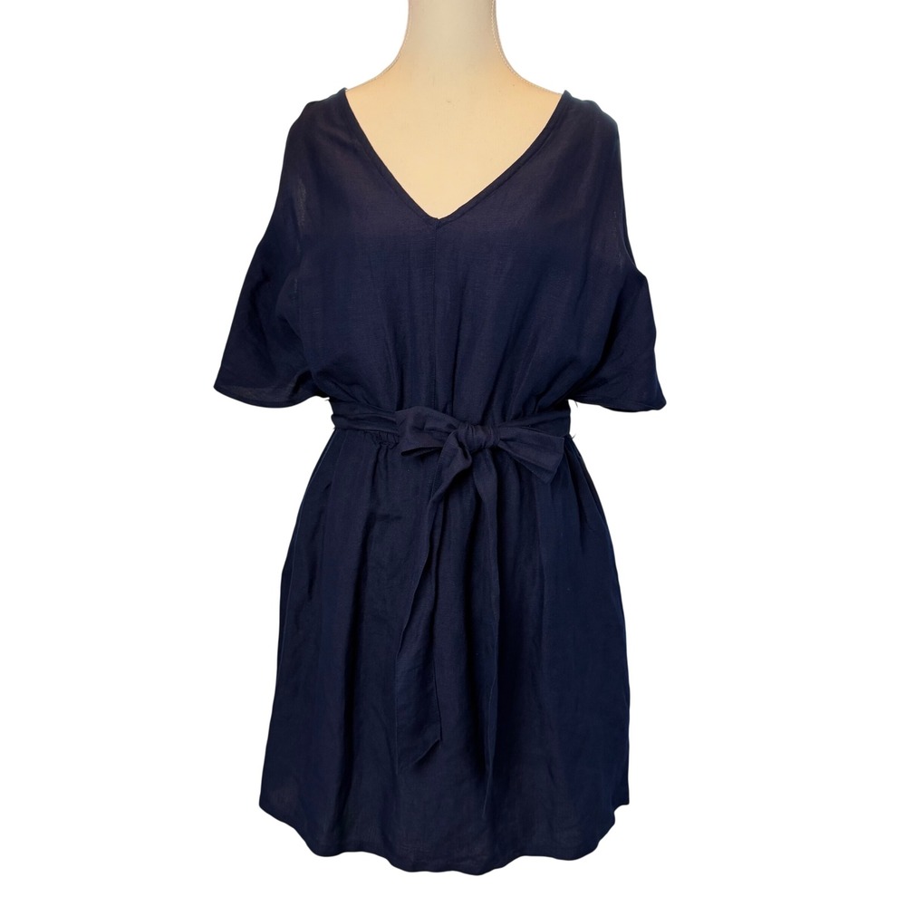 Tommy Bahama Navy Blue Linen Split Sleeve Belted V-Neck Dress Medium NWT